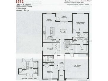 Detailed floor plan showcasing three bedrooms, two baths, a kitchen, dining area, great room, lanai, and a two-car garage at 2684 Averland Loop, North Port, FL 34287