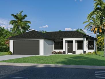 Charming one-story home featuring a two-car garage and beautifully landscaped front yard with tropical trees at 3299 Pinetree St, Port Charlotte, FL 33952