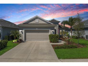 Charming one-story home featuring a two-car garage, well-manicured landscaping, and a welcoming front facade at 10914 Blue Magnolia Ln, Parrish, FL 34219