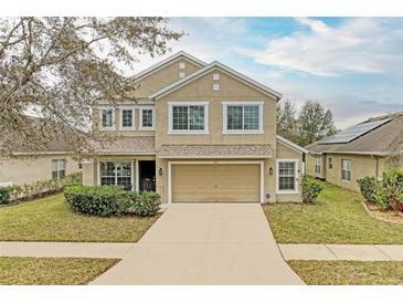 Two-story tan home with a two-car garage, well-manicured lawn, and established landscaping at 11411 Flora Springs Dr, Riverview, FL 33579