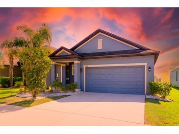Charming single-Gathering home with blue siding, lush landscaping, and two-car garage at 1819 Redmond Brook Ln, Ruskin, FL 33570