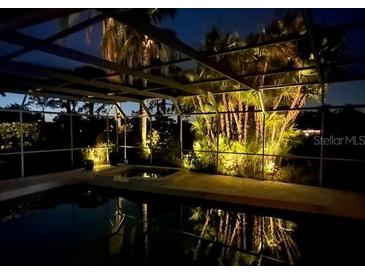 Covered outdoor pool at night illuminated by palms in background at 5111 Canterbury Dr, Sarasota, FL 34243