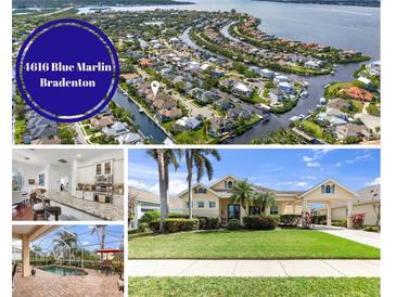 Real estate listing image collage featuring interior, exterior, and aerial views of property at 4616 Blue Marlin Dr, Bradenton, FL 34208