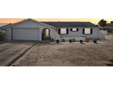 Charming single-story home with a neutral paint scheme, two-car garage, and multiple potted plants along the front at 928 Spindle Palm Way, Apollo Beach, FL 33572