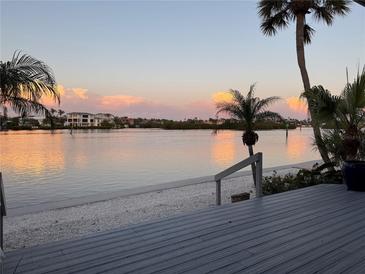 Beautiful waterfront view with a patio and palm trees offering a serene and tropical backyard setting at 1374 Moonmist Dr # B1, Sarasota, FL 34242