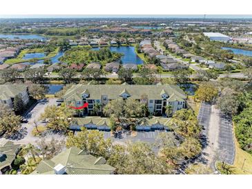 Scenic aerial view of condo complex surrounded by lush greenery, lakes and other residential areas in a beautiful neighborhood at 5160 Northridge Rd # 302, Sarasota, FL 34238