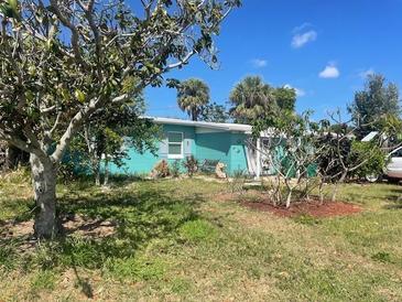 Charming single-story home with an aquamarine facade surrounded by lush greenery and tropical foliage at 540 Palmetto Ne Dr, Port Charlotte, FL 33952