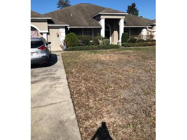 Charming one-story home with a well-manicured lawn and inviting front entrance with decorative columns at 10157 Sunburst Ct, Spring Hill, FL 34608