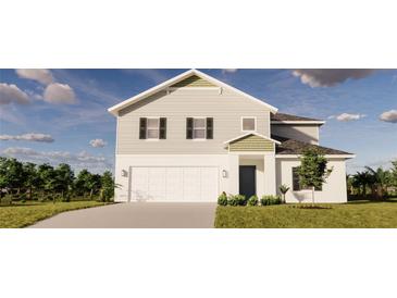 Two-story home with gray siding, black shutters, attached garage, and manicured lawn at 13040 Cedar Elm Lane, Parrish, FL 34219