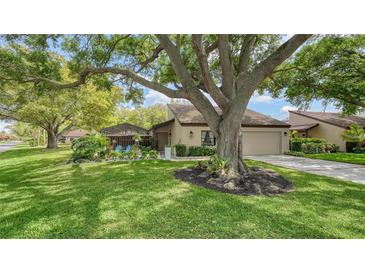 Charming home featuring a lush green lawn with mature trees and a well-maintained landscape at 3842 Glen Oaks Manor Dr, Sarasota, FL 34232