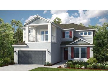 Charming two-story home featuring gray siding, red shutters, balcony, and a two-car garage at 8550 Big Dipper Dr, Sarasota, FL 34241