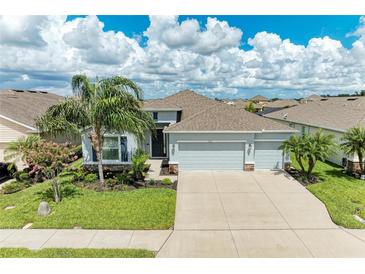 Charming single-Gathering home with well-manicured lawn, mature palm trees, and a three-car garage at 15612 Trinity Fall Way, Bradenton, FL 34212
