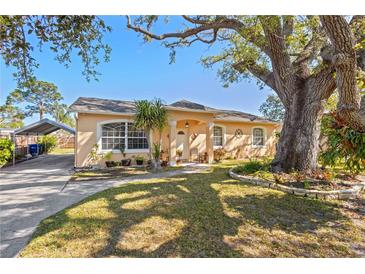 Charming single-story home featuring a well-manicured lawn and a mature shade tree at 3883 Tampico Dr, Sarasota, FL 34235