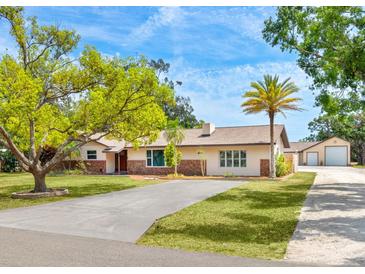 Charming ranch-style home with a long driveway, well-maintained lawn, mature trees, and a separate garage in the back at 6308 Caracara St, Sarasota, FL 34241