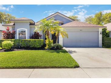 Charming single-story home featuring well-manicured lawn, palm trees, and a gray two-car garage at 16620 Fairbolt Way, Odessa, FL 33556