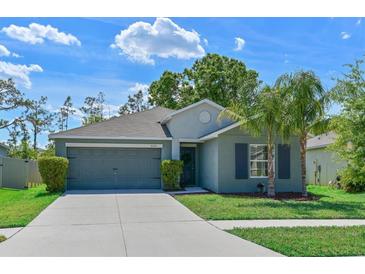 Charming one-story home with well-manicured lawn, inviting curb appeal, and a two car garage at 6723 Trent Creek Dr, Sun City Center, FL 33573