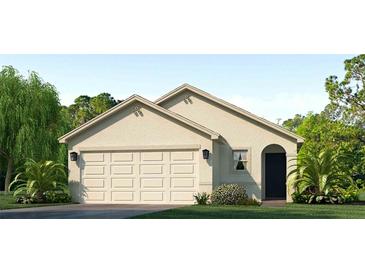 Charming one-story home showcasing a large garage door, decorative roof details, and an arched entryway at 10726 Hidden Banks Gln, Parrish, FL 34219