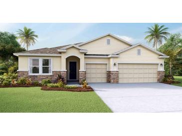 Charming single Gathering home featuring a three car garage and manicured lawn at 10713 Tippecanoe Pl, Parrish, FL 34219