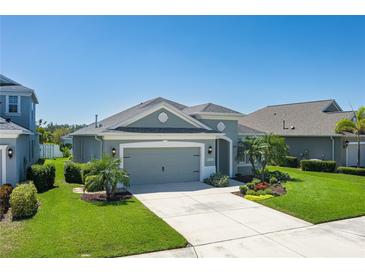 Charming single-story home with a well-manicured lawn and tropical landscaping at 11021 Blue Magnolia Ln, Parrish, FL 34219