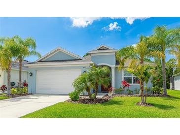 Charming single-story home with a well-manicured lawn and lush tropical landscaping with beautiful palm trees at 4325 Renwick Dr, Parrish, FL 34219