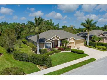 Beautifully landscaped single-story home with a well-manicured lawn, mature palms, and a two-car garage at 5603 90Th Avenue E Cir, Parrish, FL 34219