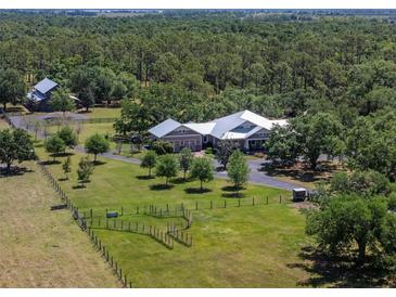 Sprawling property featuring a modern home with a metal roof, surrounded by lush greenery and mature trees at 12615 River Rd, Myakka City, FL 34251
