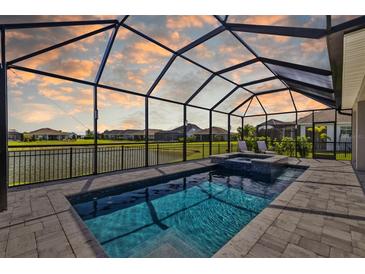 Screened pool boasts serene water views, an integrated spa, and paved surround at 11719 Chevelon Ln, Parrish, FL 34219