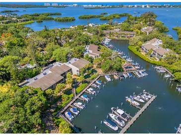 Stunning aerial view of the community, highlighting the marina and waterfront access at 1621 Boathouse Cir # 125, Sarasota, FL 34231