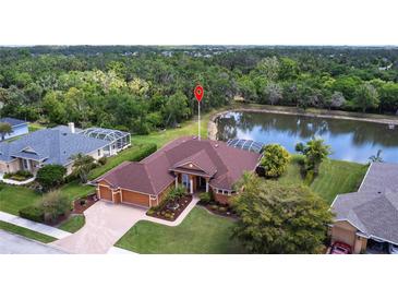 Aerial shot showcases a single-Gathering home with a pond view and a well-manicured lawn at 5391 90Th Avenue E Cir, Parrish, FL 34219