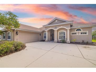 Inviting single-story home featuring a tile roof, manicured landscaping, and a spacious driveway leading to a two-car garage at 244 Dove Trl, Bradenton, FL 34212