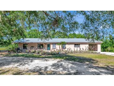 Single story home with metal roof, covered porch and colorful landscaping in front at 4876 253Rd E St, Myakka City, FL 34251