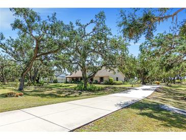 Charming single-story home on expansive lawn featuring mature trees and a long concrete driveway at 7407 91St E St, Palmetto, FL 34221