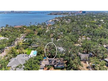 Expansive aerial view of the home with mature trees and a glimpse of the waterfront at 209 29Th Nw St, Bradenton, FL 34205