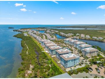 Stunning aerial view of a community with waterfront condos, green spaces, and access to beautiful water views at 388 Aruba Cir # 103, Bradenton, FL 34209