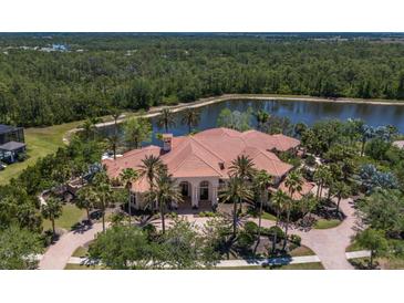 Expansive waterfront home surrounded by lush landscaping and mature trees with a tranquil lake in the background at 19208 Ganton Ave, Lakewood Ranch, FL 34202