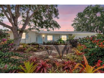 Charming home with lush landscaping, colorful bromeliads, and a mature tree framing the property at sunset at 3036 Rose St, Sarasota, FL 34239