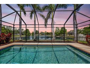 Enclosed pool with views of the lake and palm trees at 14315 Tree Swallow Way, Lakewood Ranch, FL 34202