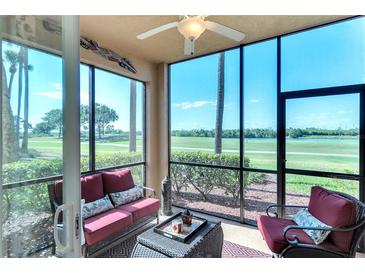 Relaxing screened lanai featuring comfortable seating and a serene view of the golf course at 8205 Grand Estuary Trl # 101, Bradenton, FL 34212