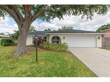 Charming single-story home featuring a well-manicured lawn and an attached two-car garage at 4415 Charing Cross Rd, Sarasota, FL 34241