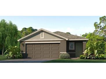 Single-story home with a two-car garage, neutral-toned exterior, and professionally landscaped yard at 10714 Hidden Banks Gln, Parrish, FL 34219