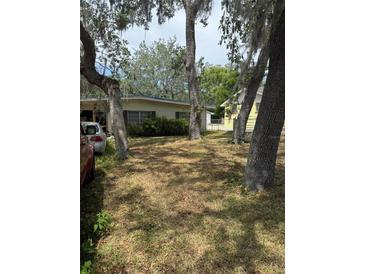 Lawn view featuring a single-story home nestled among mature trees, showcasing its quaint charm and natural surroundings at 6013 Idle A While Cir, Dade City, FL 33523