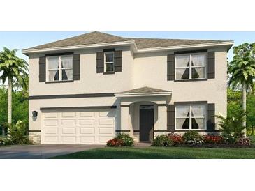 Two-story home with neutral siding, complemented by dark shutters and a well-manicured lawn at 18216 Wheathouse Pl, Lakewood Ranch, FL 34211