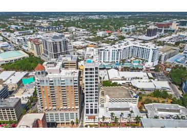 Expansive aerial view showcases this urban community and surrounding cityscape, perfect for city living at 33 S Palm Ave # 1403, Sarasota, FL 34236