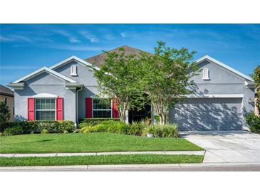 Charming single-story home with a well-manicured lawn, a two car garage, and colorful shutters at 11924 Persian Ter, Bradenton, FL 34212