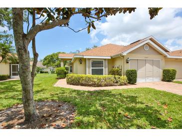 Charming single-story home featuring a well-manicured lawn, mature landscaping, and inviting curb appeal at 2407 New Haven Cir, Sun City Center, FL 33573