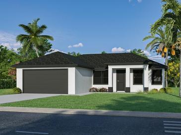 Charming single-story home featuring a dark grey garage door, lush lawn, and vibrant landscaping at 18274 Grace Ave, Port Charlotte, FL 33948