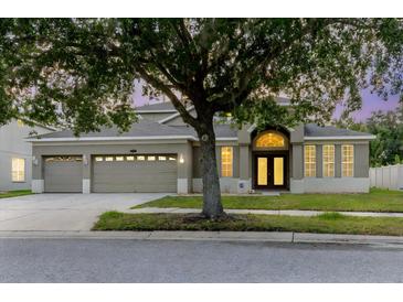 Charming home featuring a well-manicured lawn, a spacious three-car garage, and a welcoming arched entryway at 20316 Natures Corner Dr, Tampa, FL 33647