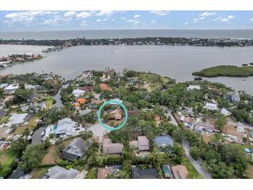 Aerial view of a waterfront home surrounded by lush greenery, with bay views and beautiful landscape at 1809 Buccaneer Ter, Sarasota, FL 34231