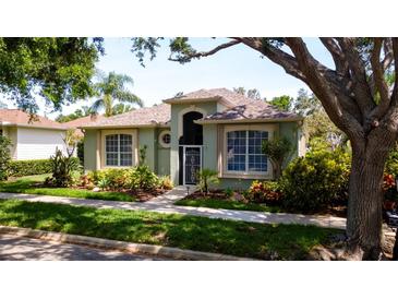 Inviting front yard with mature trees, lush landscaping, and well-maintained lawn at 553 Meadow Sweet Cir, Osprey, FL 34229