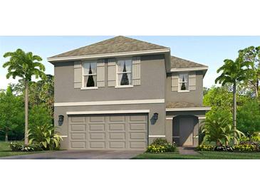Two-story home featuring a two-car garage, gray paint, shutters, landscaping, and lush palm trees in the front yard at 12027 Lansing Gln, Parrish, FL 34219